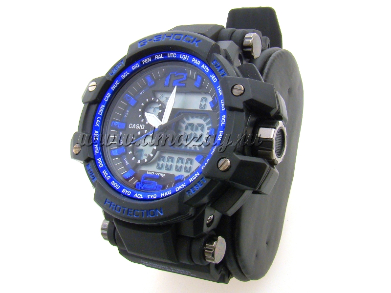 Часы для охоты и рыбалки (реплика СASIО G-SНОСК) модель 3, черного цвета с синими надписями