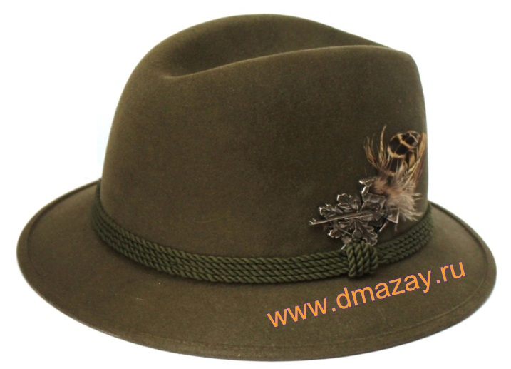 Шляпа для охоты с узкими полями и витым шнуром из фетра темно-оливкого цвета Чехия