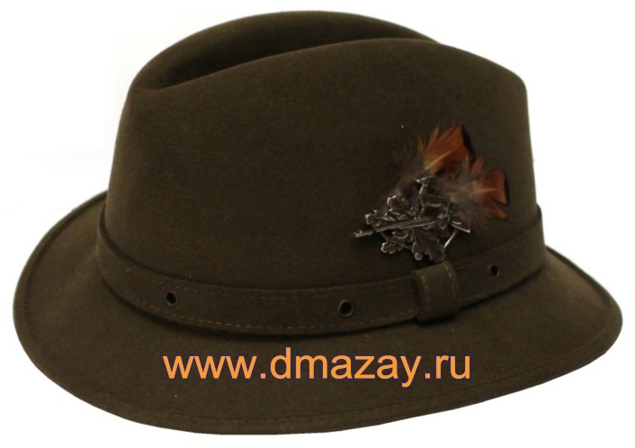 Шляпа для охоты с узкими полями и пояском из фетра темно-оливкого цвета Чехия    