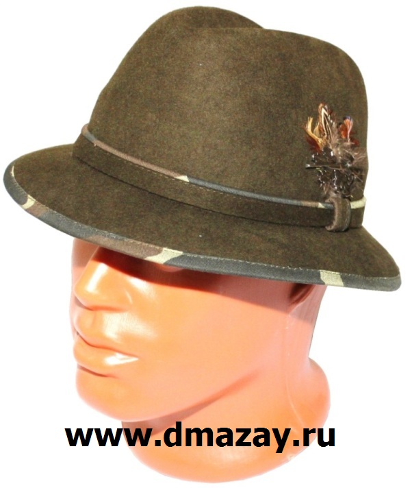   Шляпа для охоты с узкими полями и пояском из фетра отделанными камуфляжной тесьмой цвета хаки Чехия  