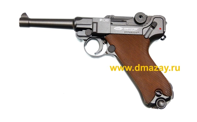 Пистолет пневматический Gletcher P08 (parabellum) газобаллонный Глетчер П08 калибра 4,5 мм (.177) с подвижным затвором
