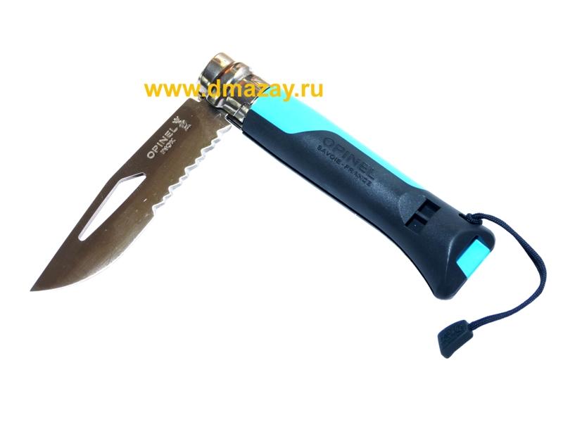 Складной нож длина лезвия 8,5 см с серрейтером и свистком Opinel (Опинель) №8 Outdoor Blue 001576 голубой цвет