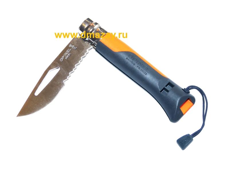 Складной нож длина лезвия 8,5 см с серрейтором и свистком Opinel (Опинель) №8 Outdoor Orange 001577 оранжевый цвет