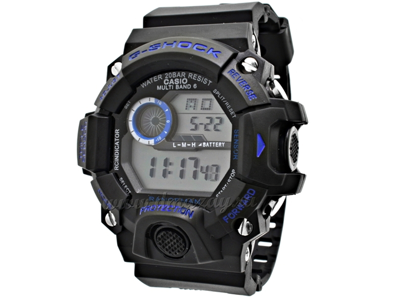 Часы для охоты и рыбалки (реплика СASIО G-SНОСК) модель 1, черного цвета с синими надписями