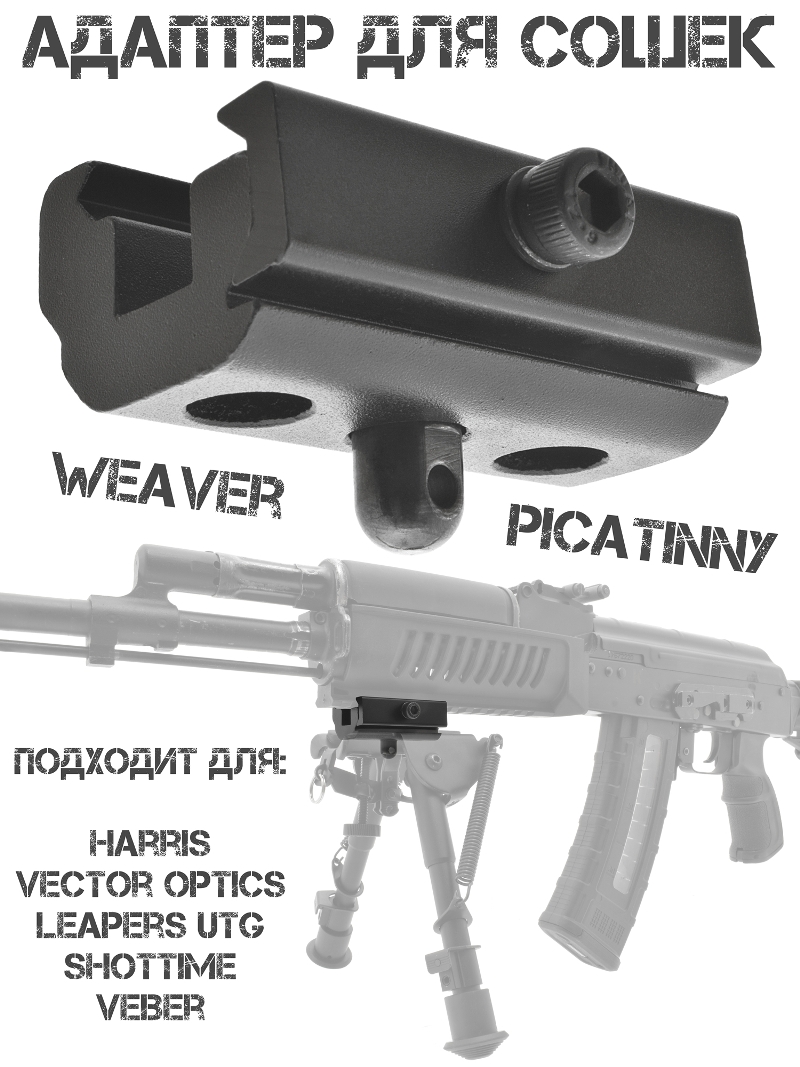 Адаптер (переходник, крепление) на планку Пикатини (Вивера) для сошек Harris, Vector Optics, ShotTime, Veber и других сошек на антабку