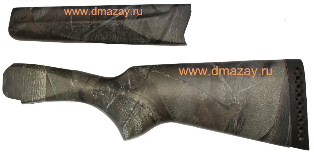 Приклад (ложе) и цевье (комплект) для охотничьего ружья ИЖ-27 (MP-27) орех с защитным камуфлированным покрытием (темный лес). Вариант 1. ИЖЕВСК