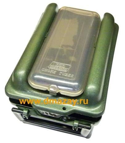 Кейс (ящик) пластиковый водозащищенный для хранения патронов 12 и 10 калибров в пачках в комплекте с боксом для чоков (дульных насадок) MTM (МТМ) SW100-11 Shotshell Choke Tube Case зеленого цвета